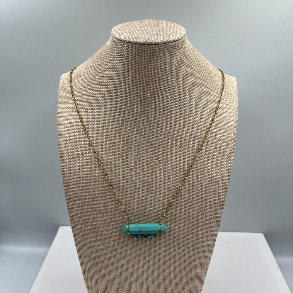 Vintage Turquoise Crystal Point Necklace Wire Wrapped Gold Tone Boho Jewelry Gif